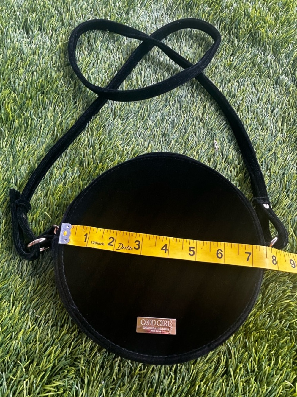 Carolina Herrera Black Velvet Round Crossbody with Gold Plate